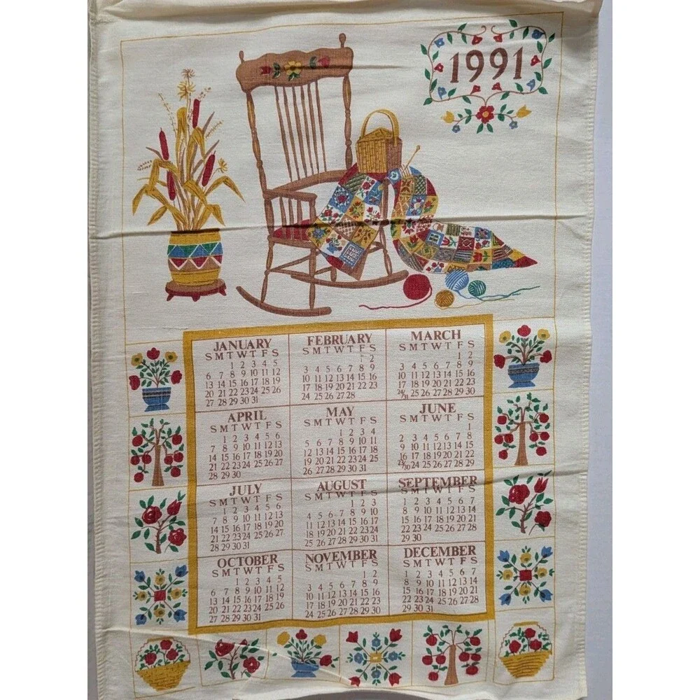 Vintage 1997 Calendar Tea Towel Rocking Chair Quilt Folk Art Cottagecore Decor